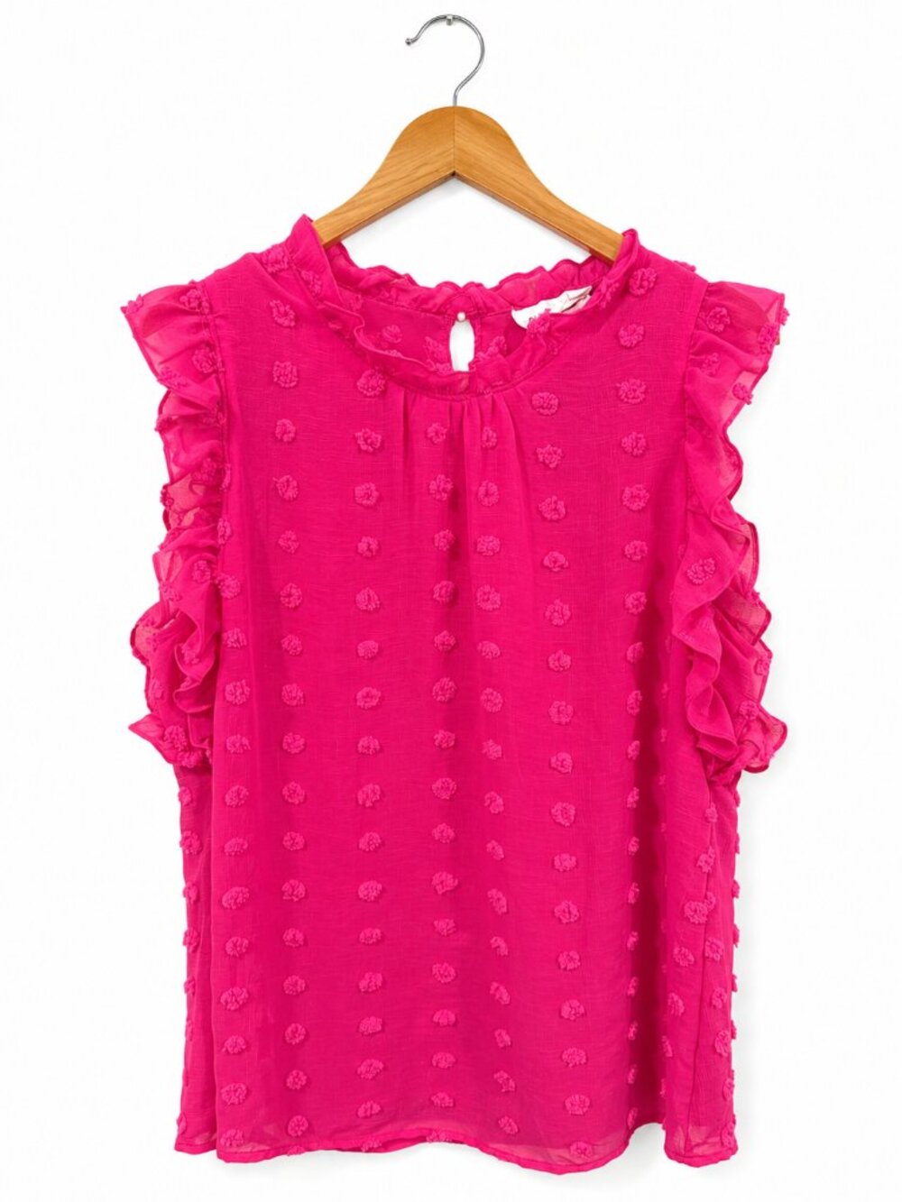 THML Hot Pink Textured Swiss Dot Ruffle Sleeveless Blouse